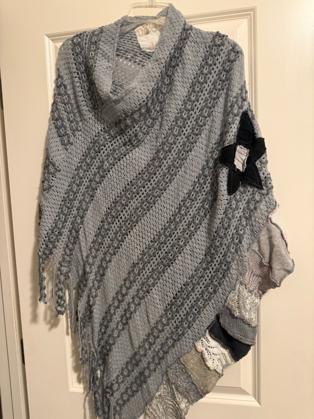 Cozy Gray Knit Shawl Poncho with Star Patch